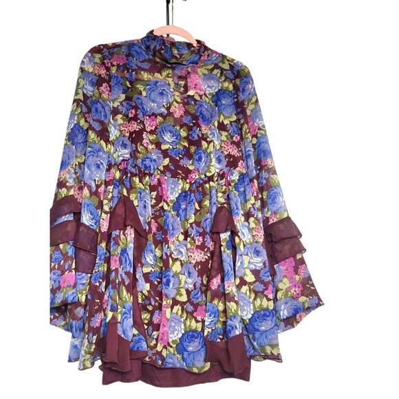 NWT Free People Dress Women's Size XS Burgundy Floral Print Long Sleeve - Picture 7 of 11